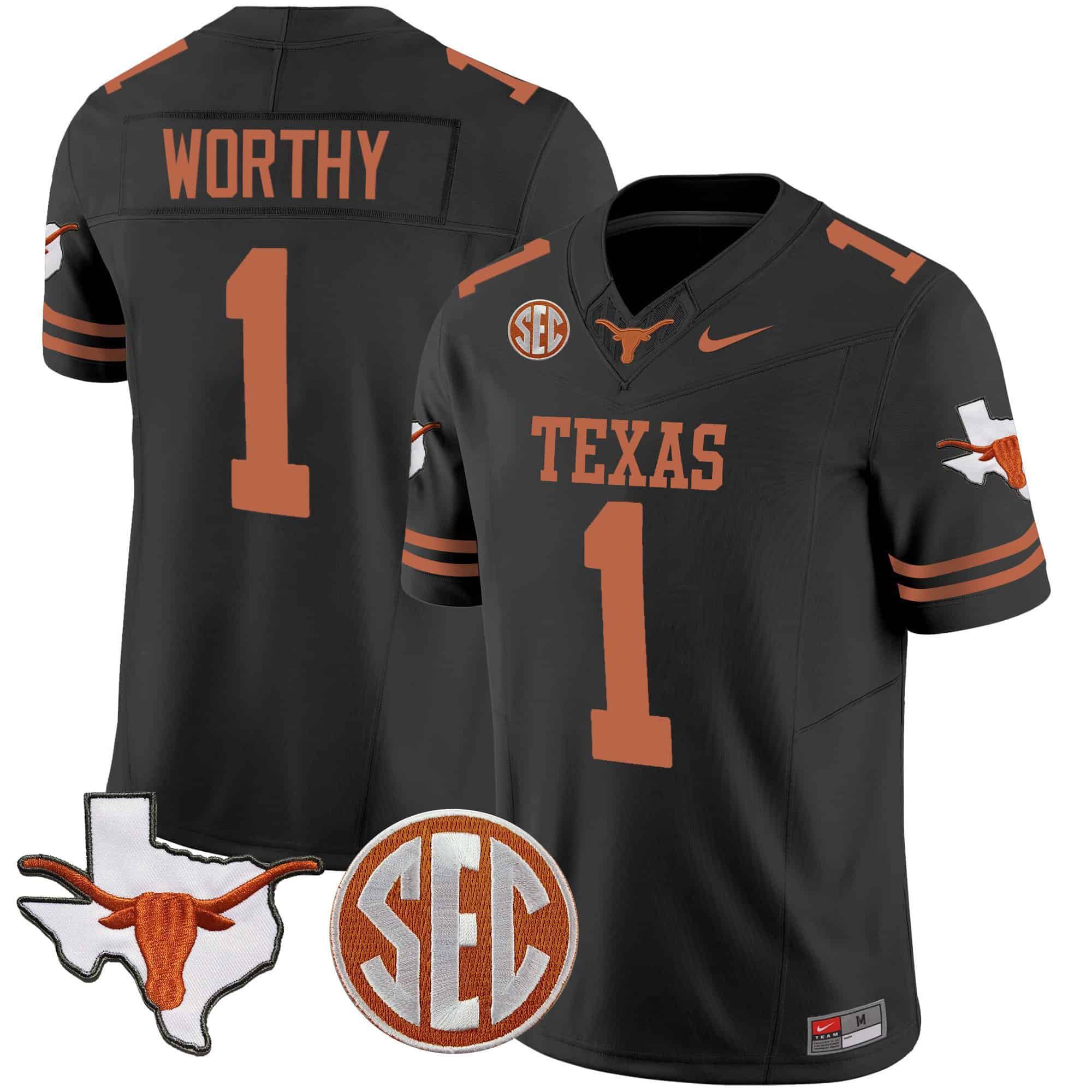 Men Texas Longhorns #1 Worthy Black 2024 Nike State Map & SEC Patch Vapor NCAA Jersey style 1